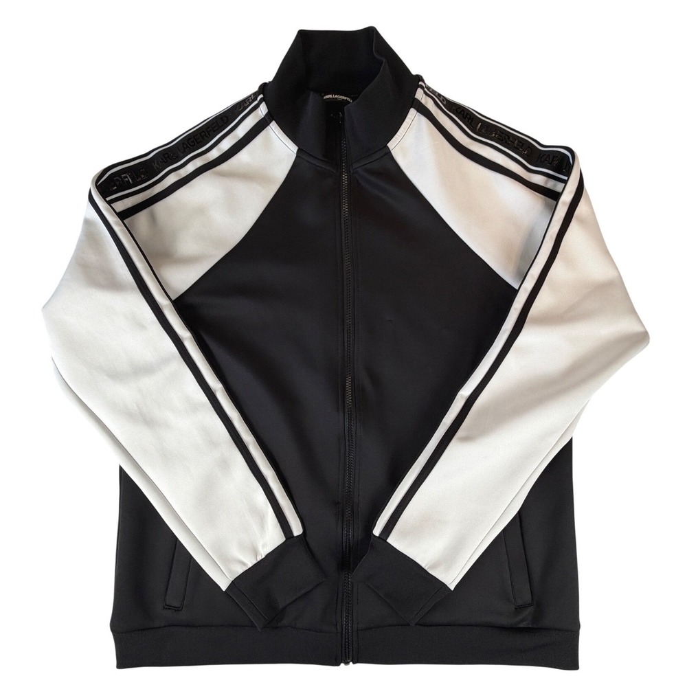 Karl Lagerfeld Paris Mens Track Jacket Black White Logo Tape Full Zip XL